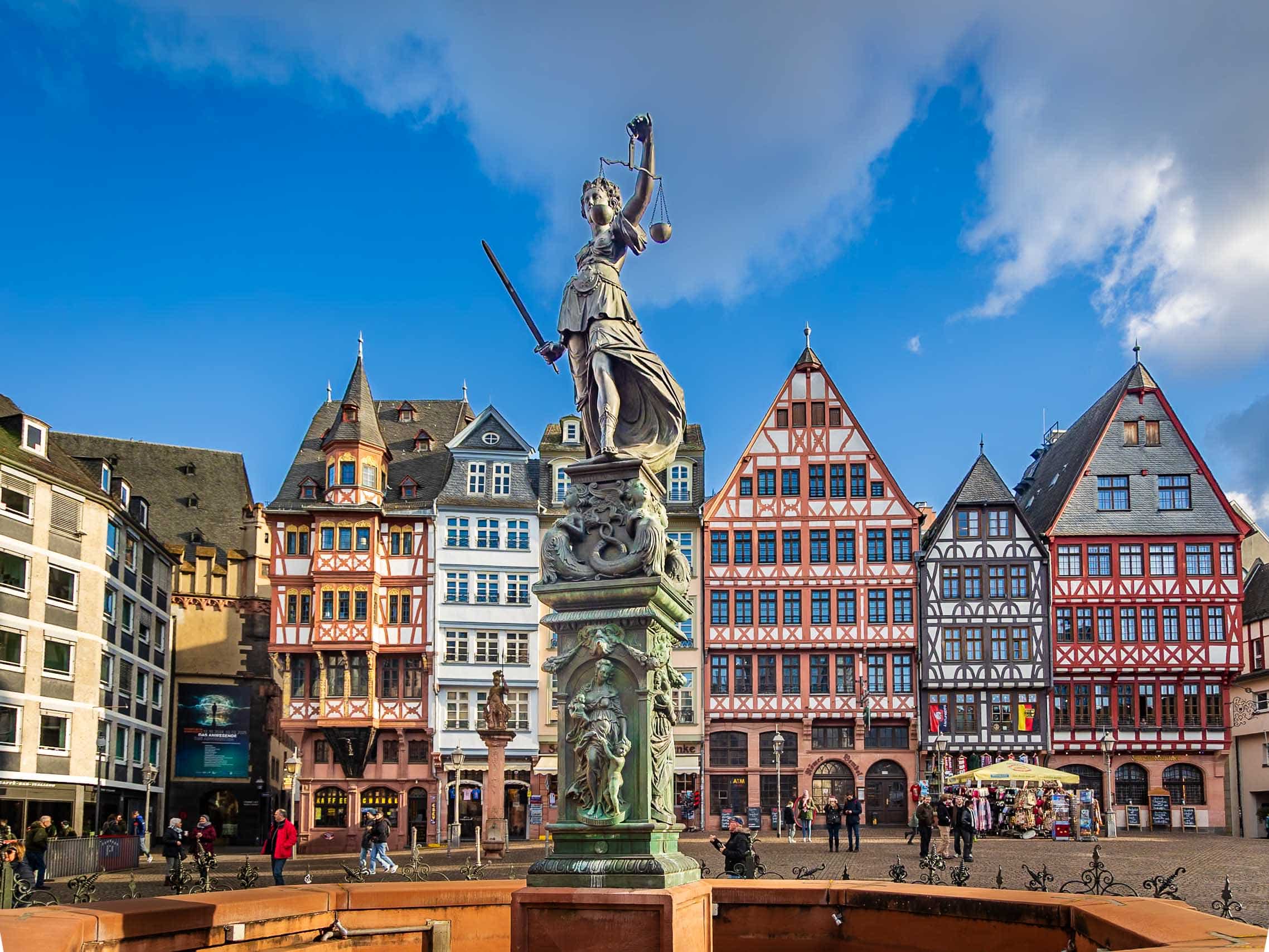 Justice Fountain at the Roemer old town of Frankfurt Germany.